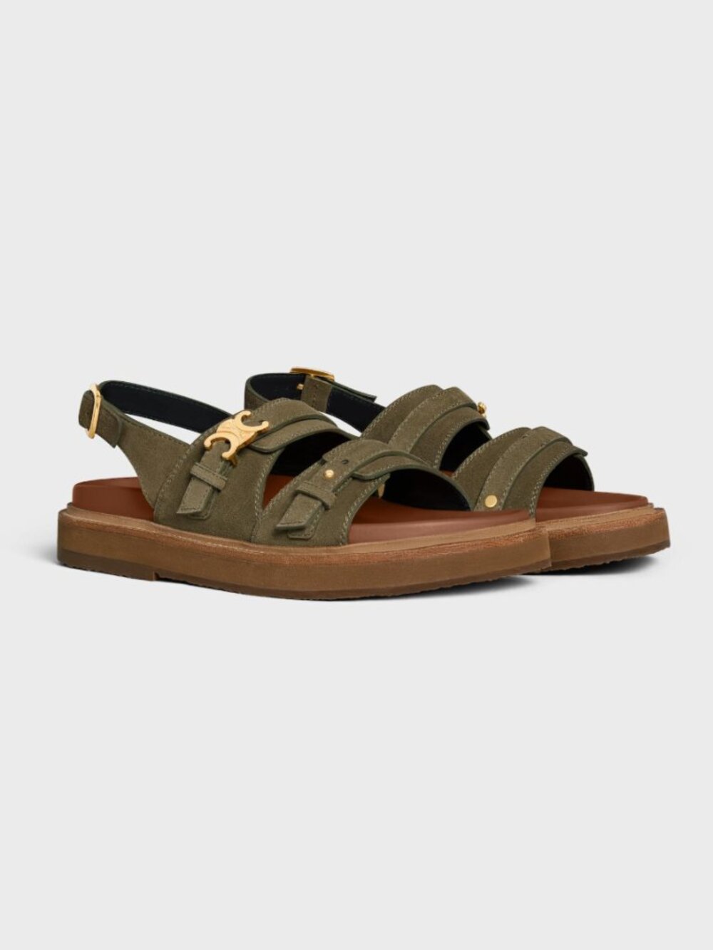 Celine Triomphe Suede Flat Sandals Taupe Gold Hardware Size 38